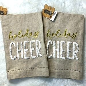 MUDPIE Set 2 Holiday Hand Towels Linen Embroidery FrenchKnot Cheer Christmas NEW